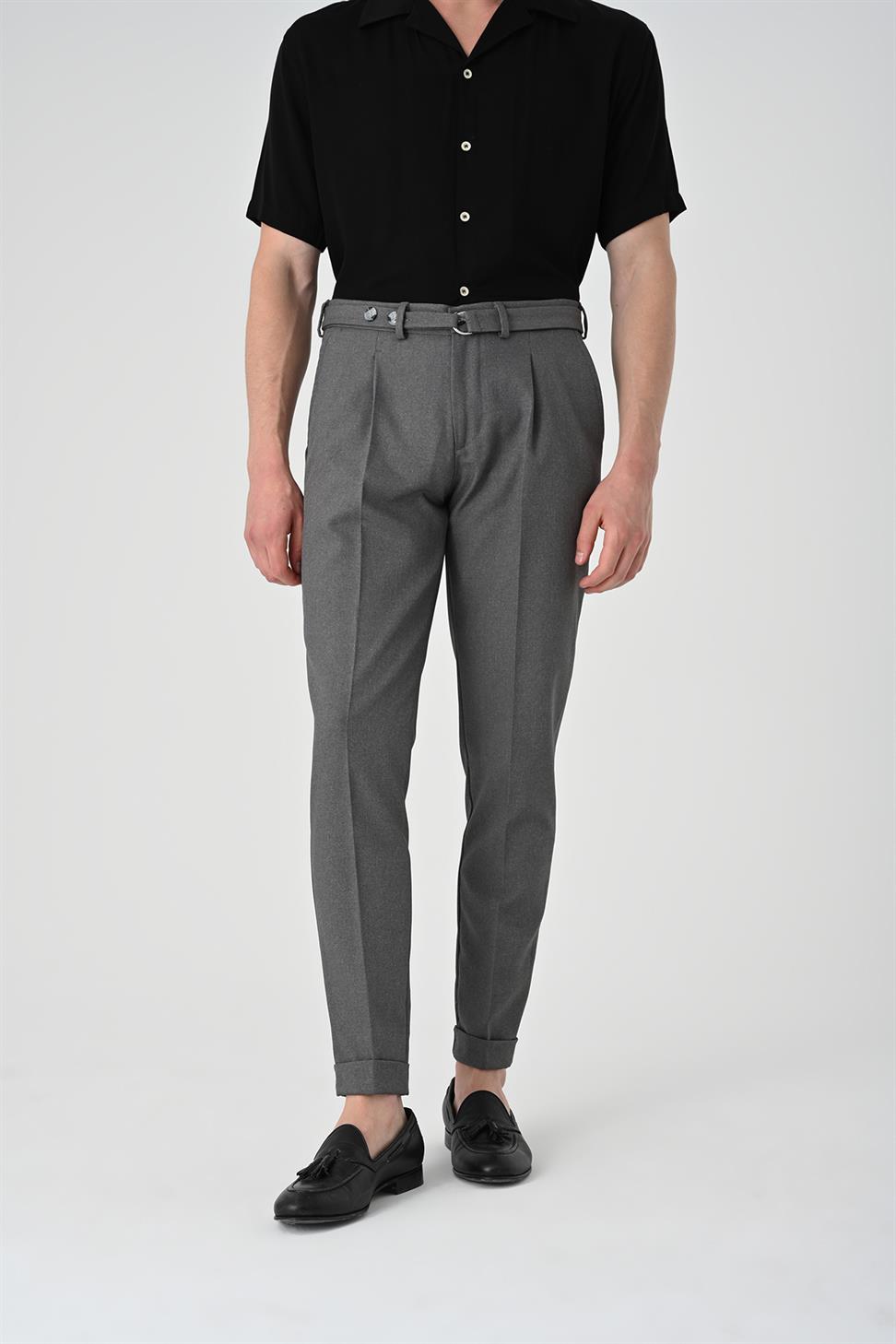 Antioch Orta Gri Yüksek Bel Kemerli Pileli Pantolon