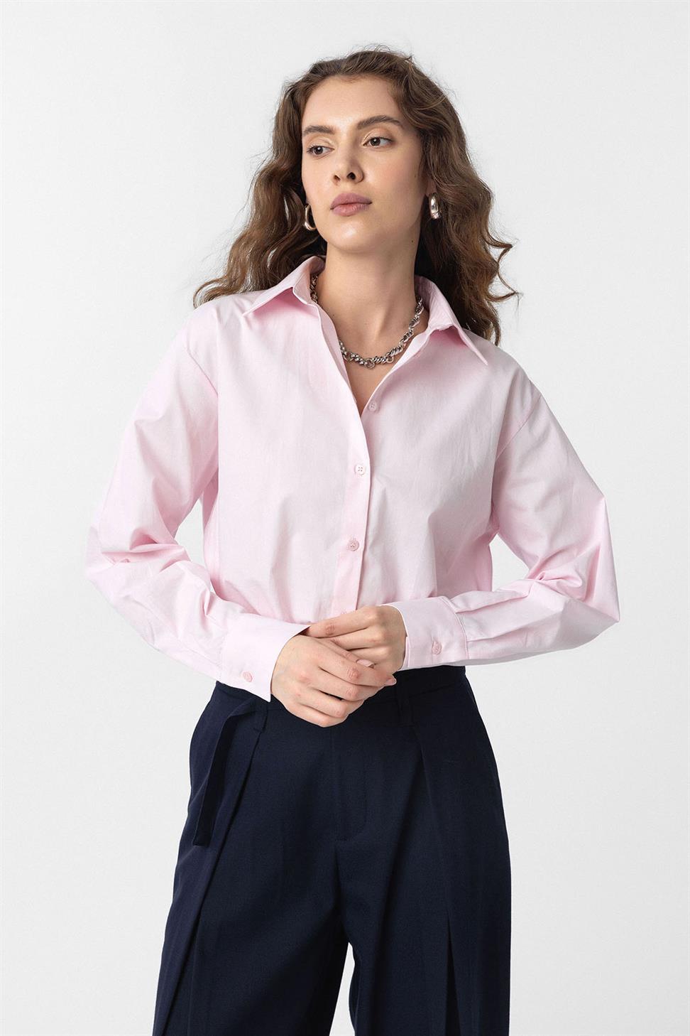 Antioch Pembe Crop Poplin Kadın Gömlek