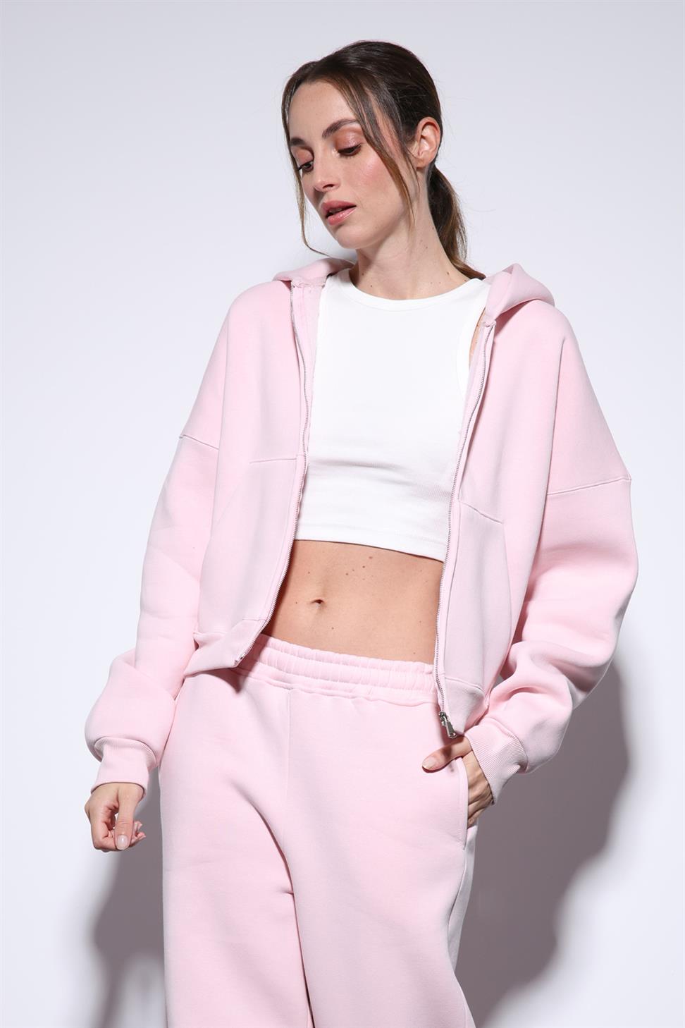 Antioch Pembe Fermuarlı Kapüşonlu Kadın Sweatshirt