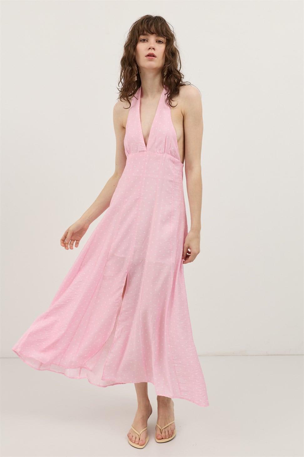 Antioch Pembe Halter Yaka Puantiyeli Kadın Elbise