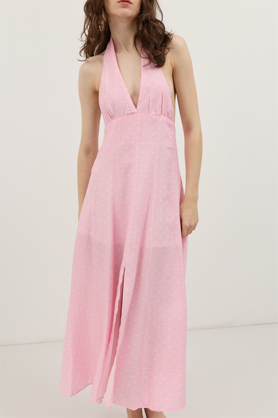 Antioch Pembe Halter Yaka Puantiyeli Kadın Elbise