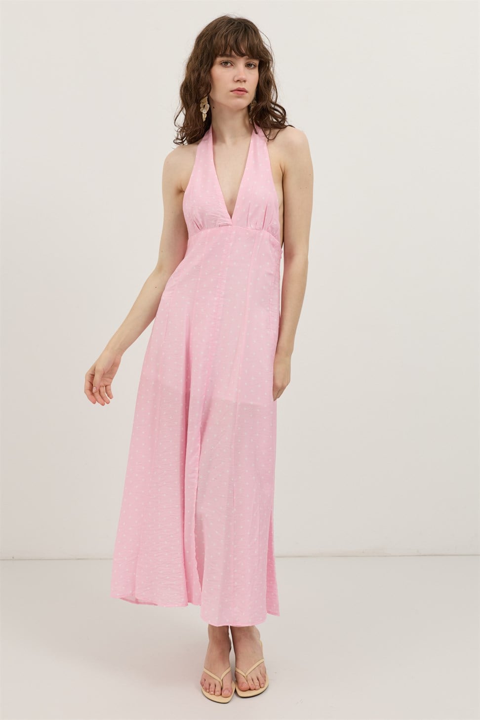 Antioch Pembe Halter Yaka Puantiyeli Kadın Elbise