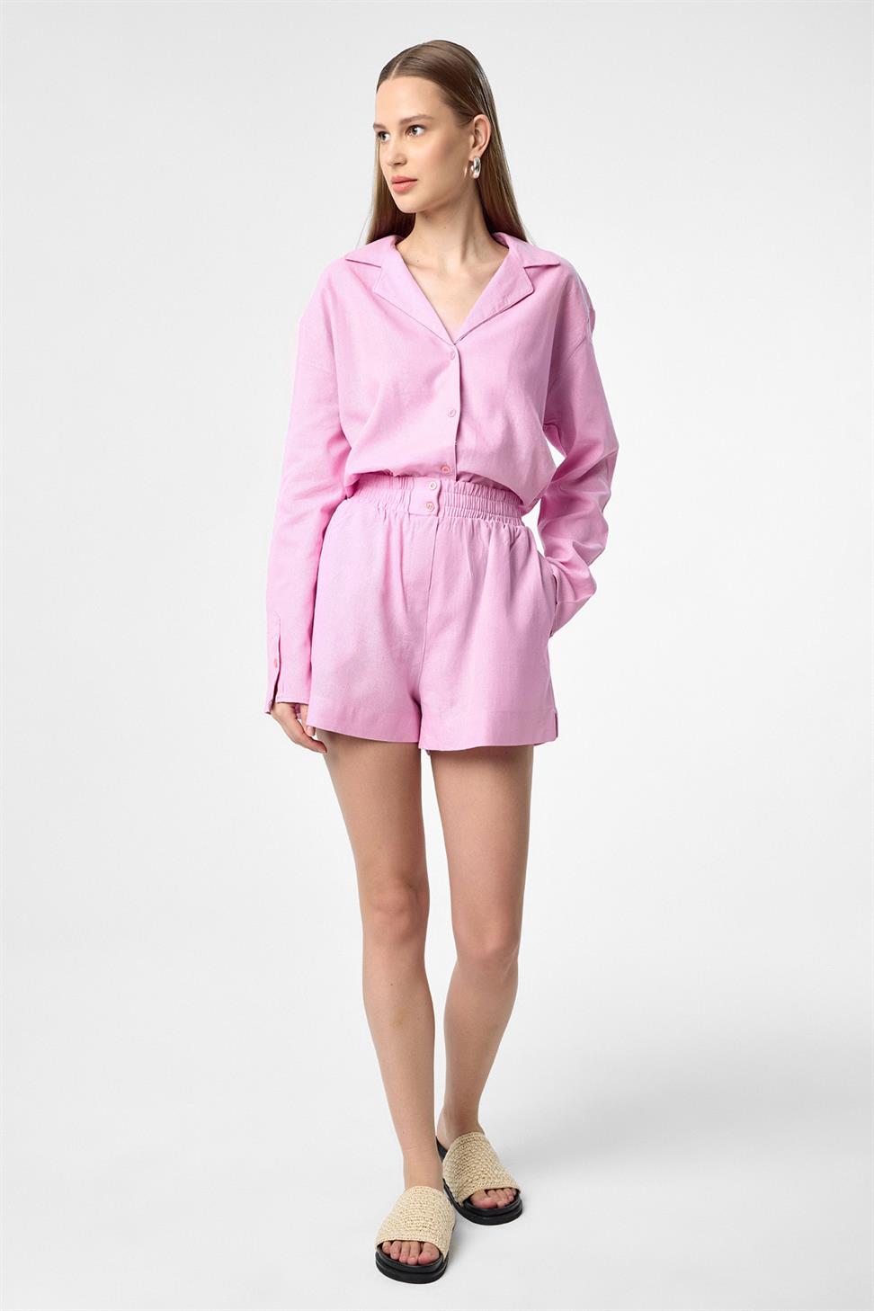 Antioch Pembe Keten Karışımlı Şort-Gömlek Kadın Takım