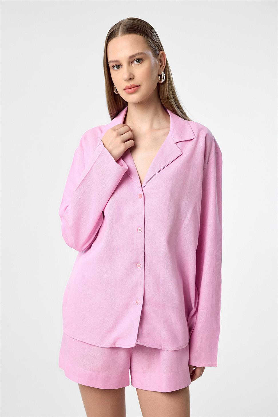 Antioch Pembe Keten Karışımlı Şort-Gömlek Kadın Takım