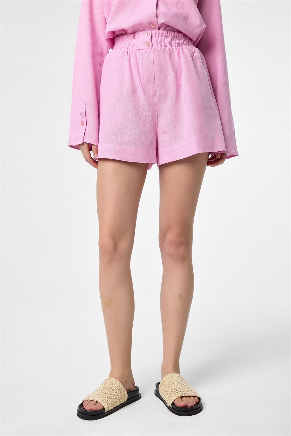 Antioch Pembe Keten Karışımlı Şort-Gömlek Kadın Takım