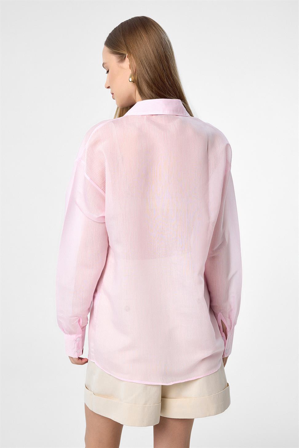 Antioch Pembe Relax Fit Çizgili Uzun Kollu Kadın Gömlek