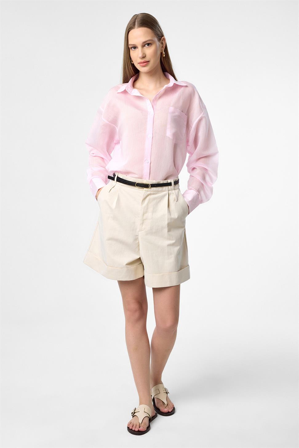 Antioch Pembe Relax Fit Çizgili Uzun Kollu Kadın Gömlek