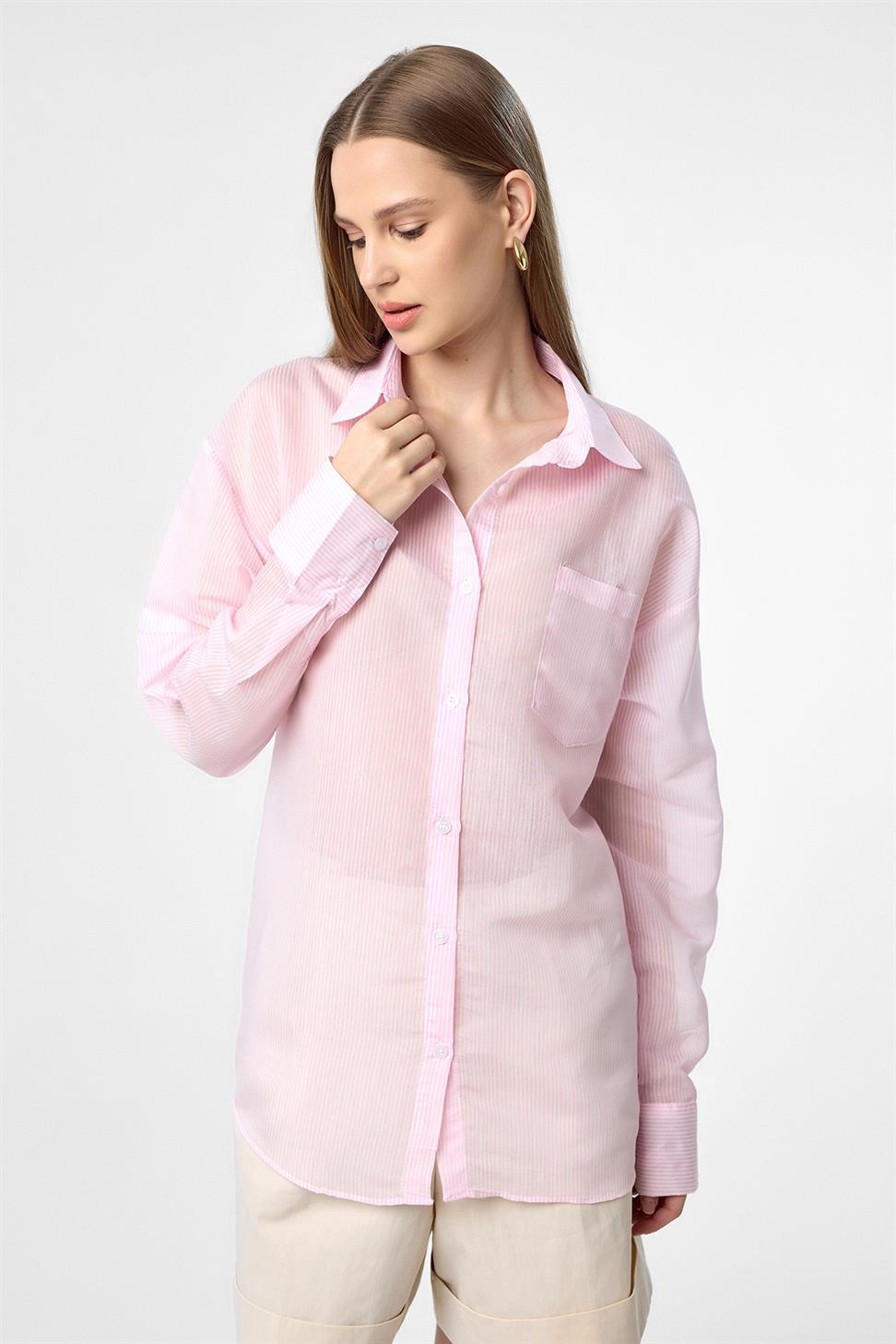 Antioch Pembe Relax Fit Çizgili Uzun Kollu Kadın Gömlek
