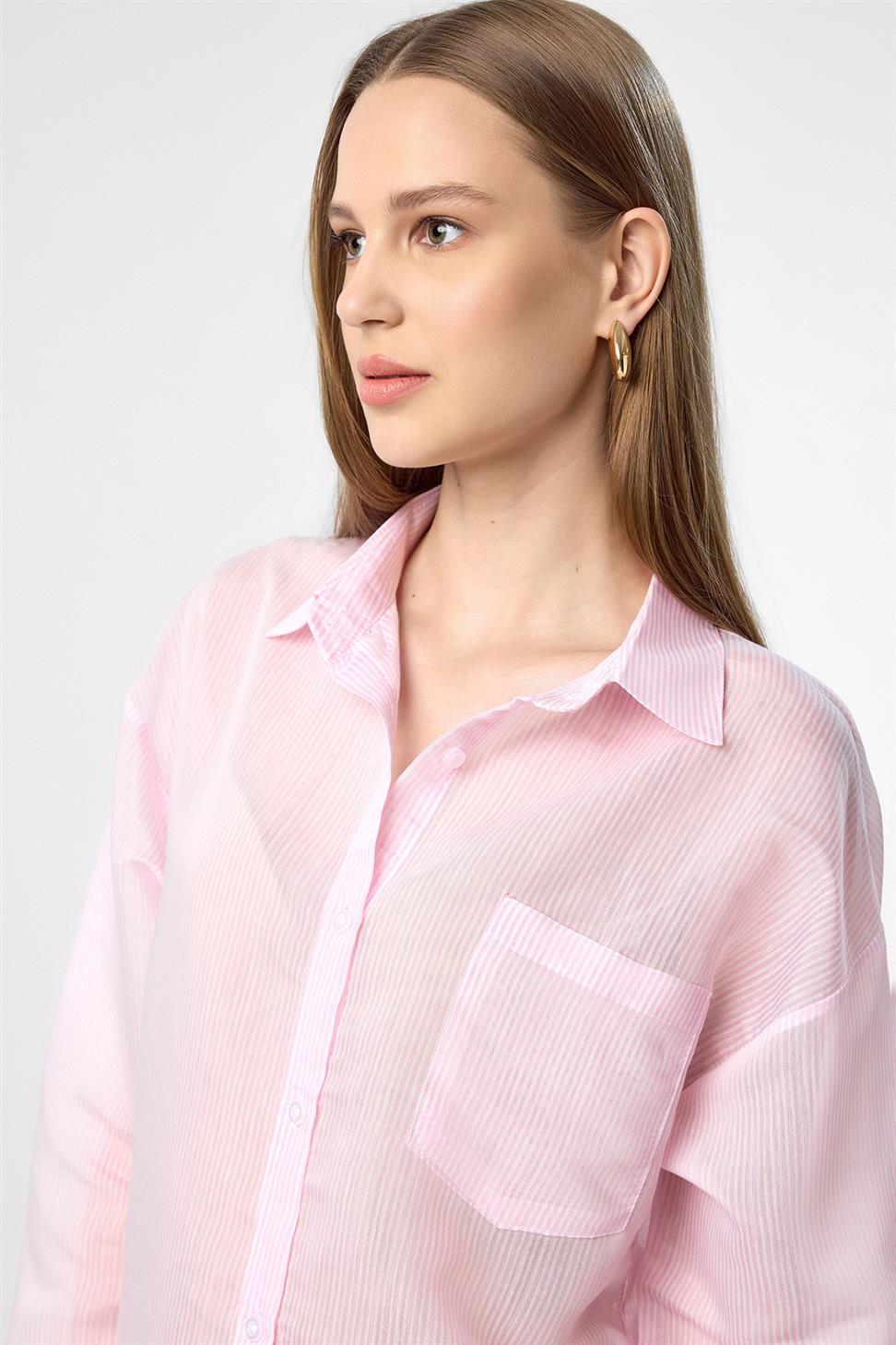 Antioch Pembe Relax Fit Çizgili Uzun Kollu Kadın Gömlek