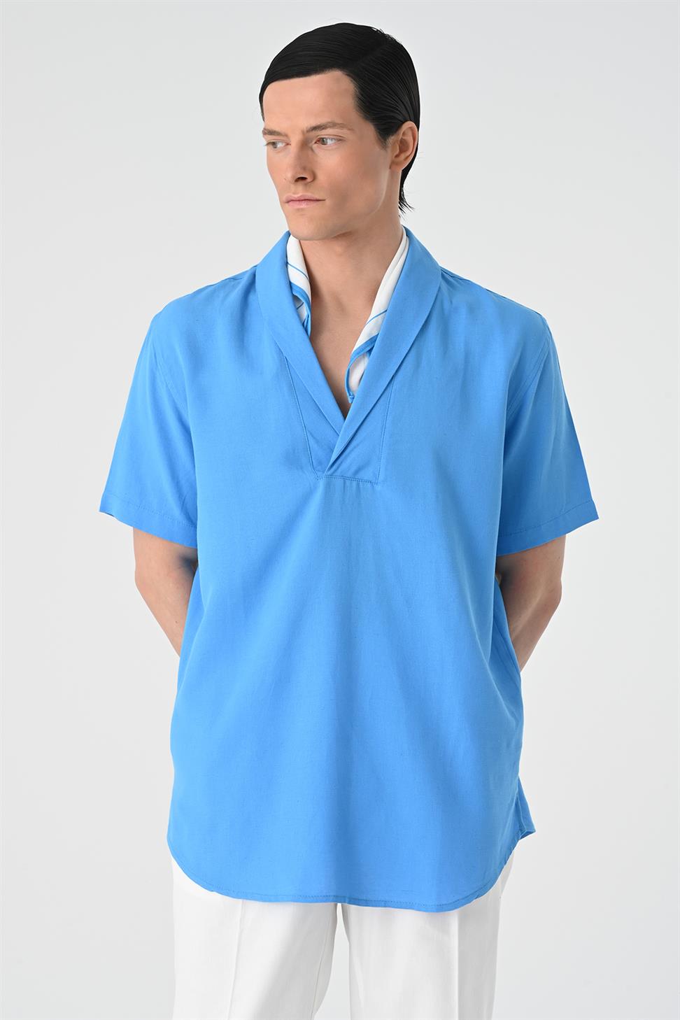 قميص رجالي بأكمام قصيرة وياقة شال مناسب للاسترخاء