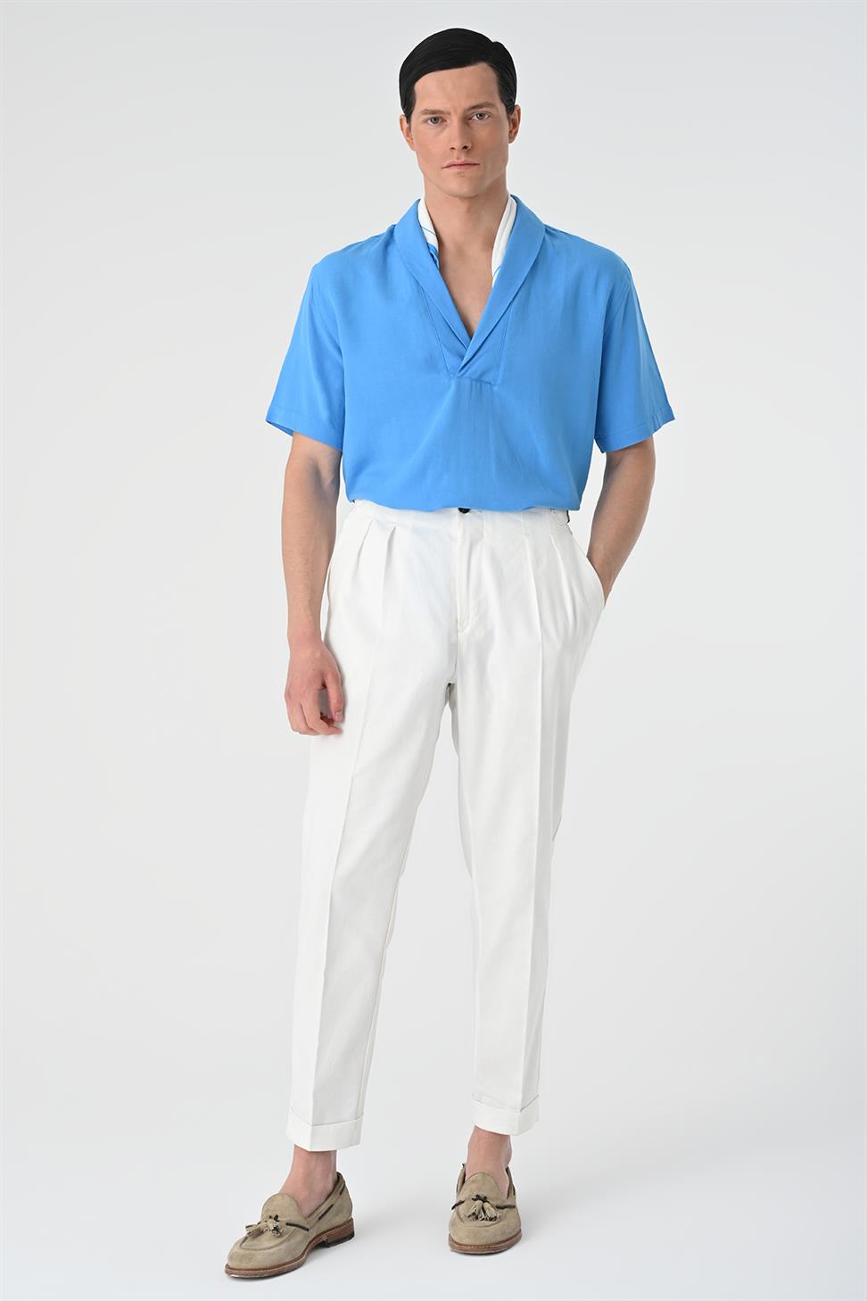 قميص رجالي بأكمام قصيرة وياقة شال مناسب للاسترخاء