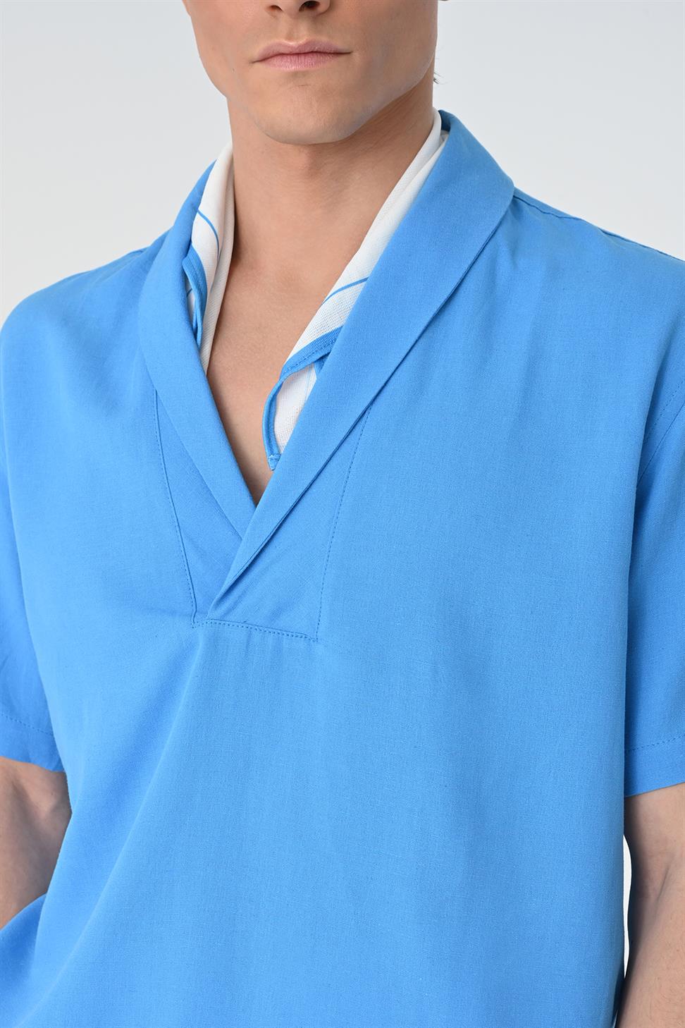 قميص رجالي بأكمام قصيرة وياقة شال مناسب للاسترخاء