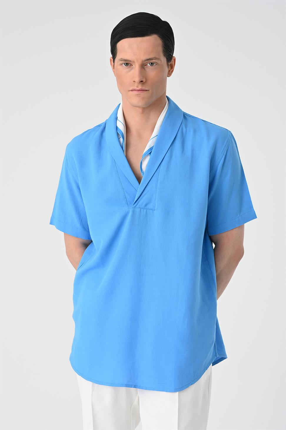 قميص رجالي بأكمام قصيرة وياقة شال مناسب للاسترخاء