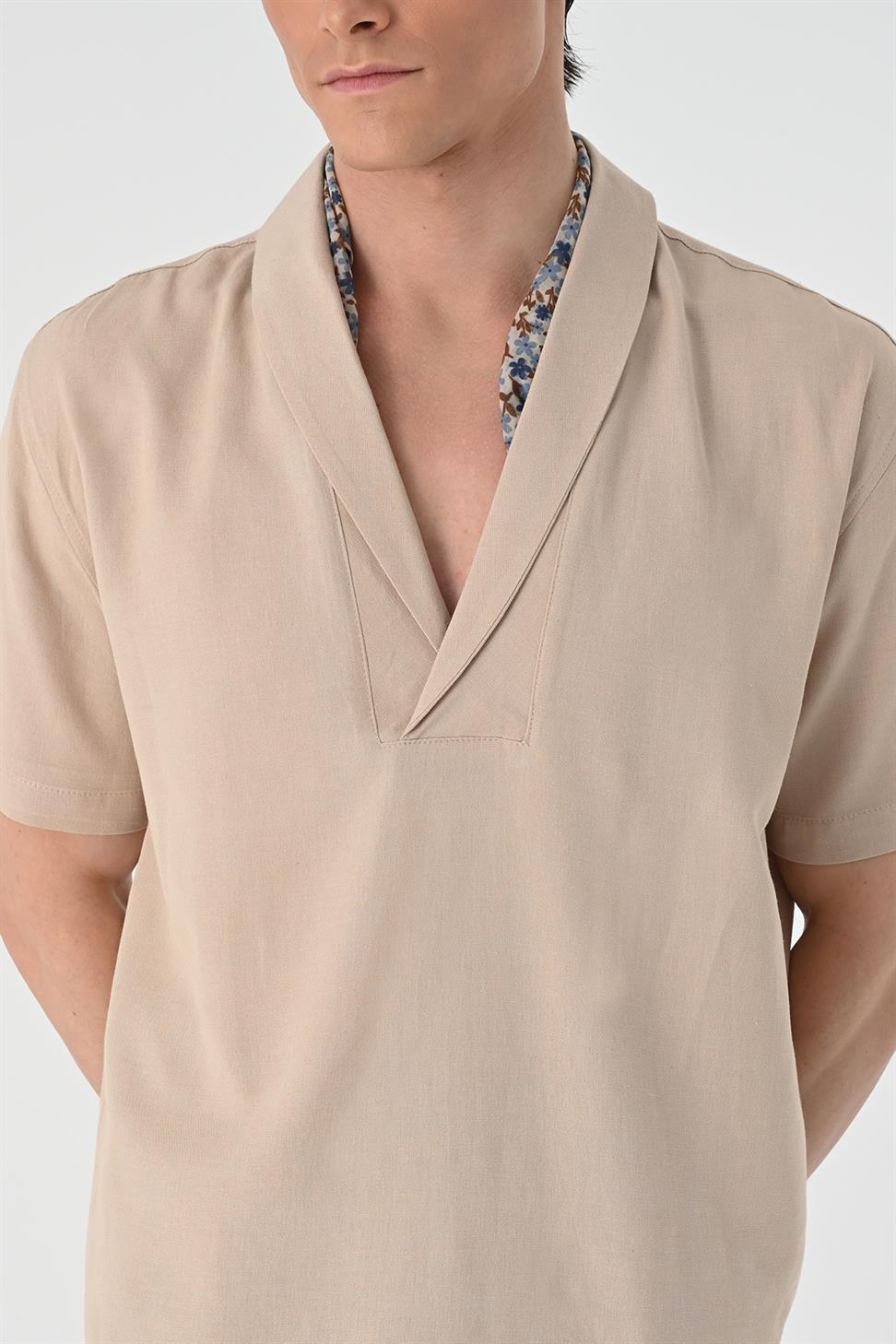 قميص رجالي بأكمام قصيرة وياقة شال مناسب للاسترخاء