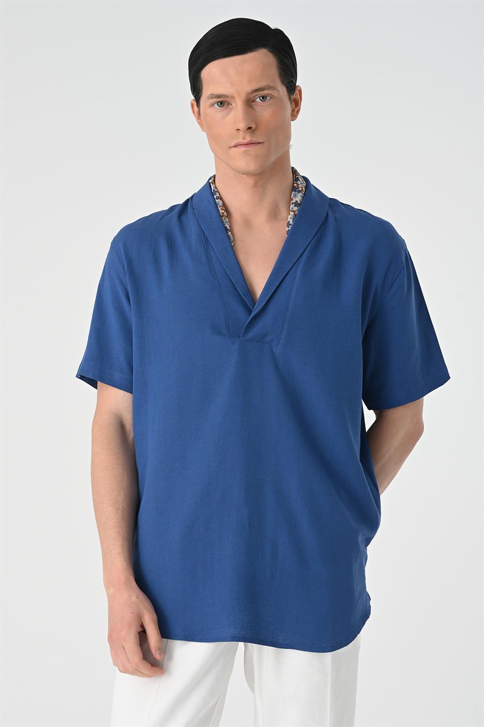 قميص رجالي بأكمام قصيرة وياقة شال مناسب للاسترخاء