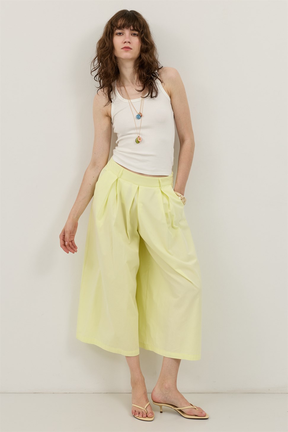 Antioch Sarı Pileli Culotte Pantolon