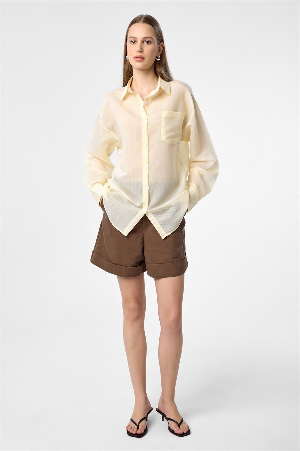 Antioch Sarı Relax Fit Çizgili Uzun Kollu Kadın Gömlek