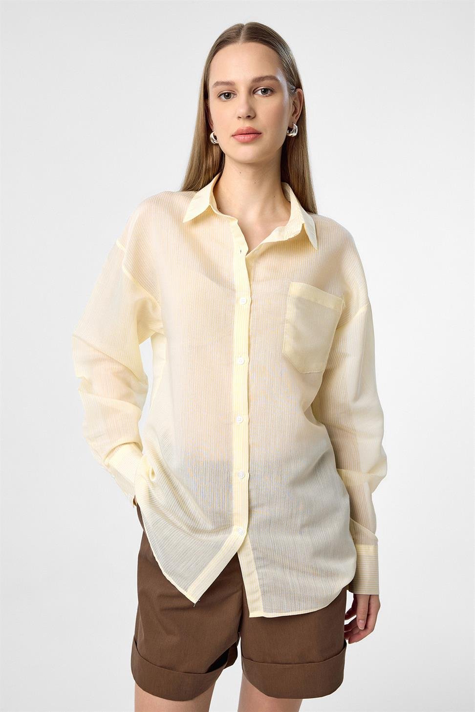 Antioch Sarı Relax Fit Çizgili Uzun Kollu Kadın Gömlek