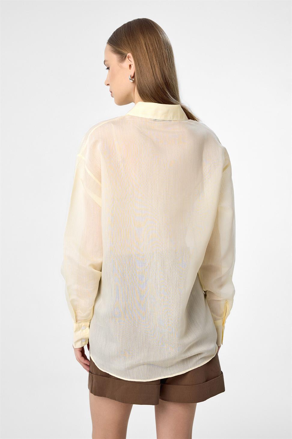 Antioch Sarı Relax Fit Çizgili Uzun Kollu Kadın Gömlek