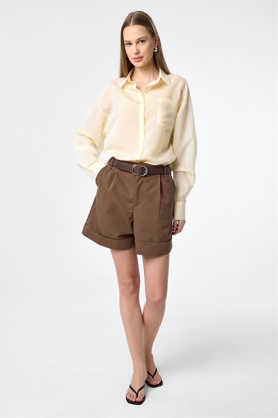 Antioch Sarı Relax Fit Çizgili Uzun Kollu Kadın Gömlek