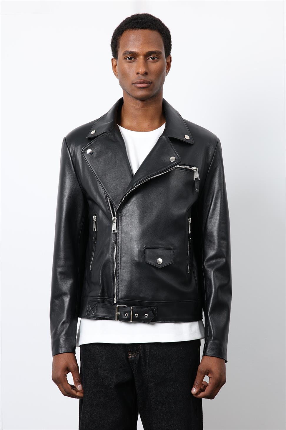 Antioch Siyah 100% Deri Biker Ceket