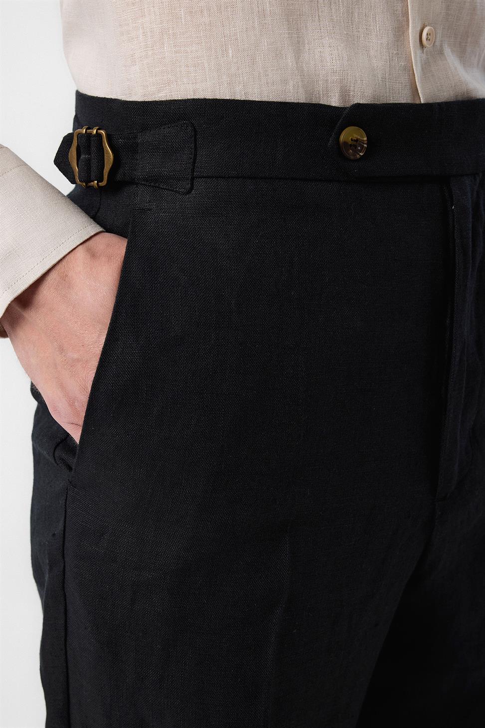 Antioch Siyah 100% Keten İtalyan Kesim Erkek Pantolon