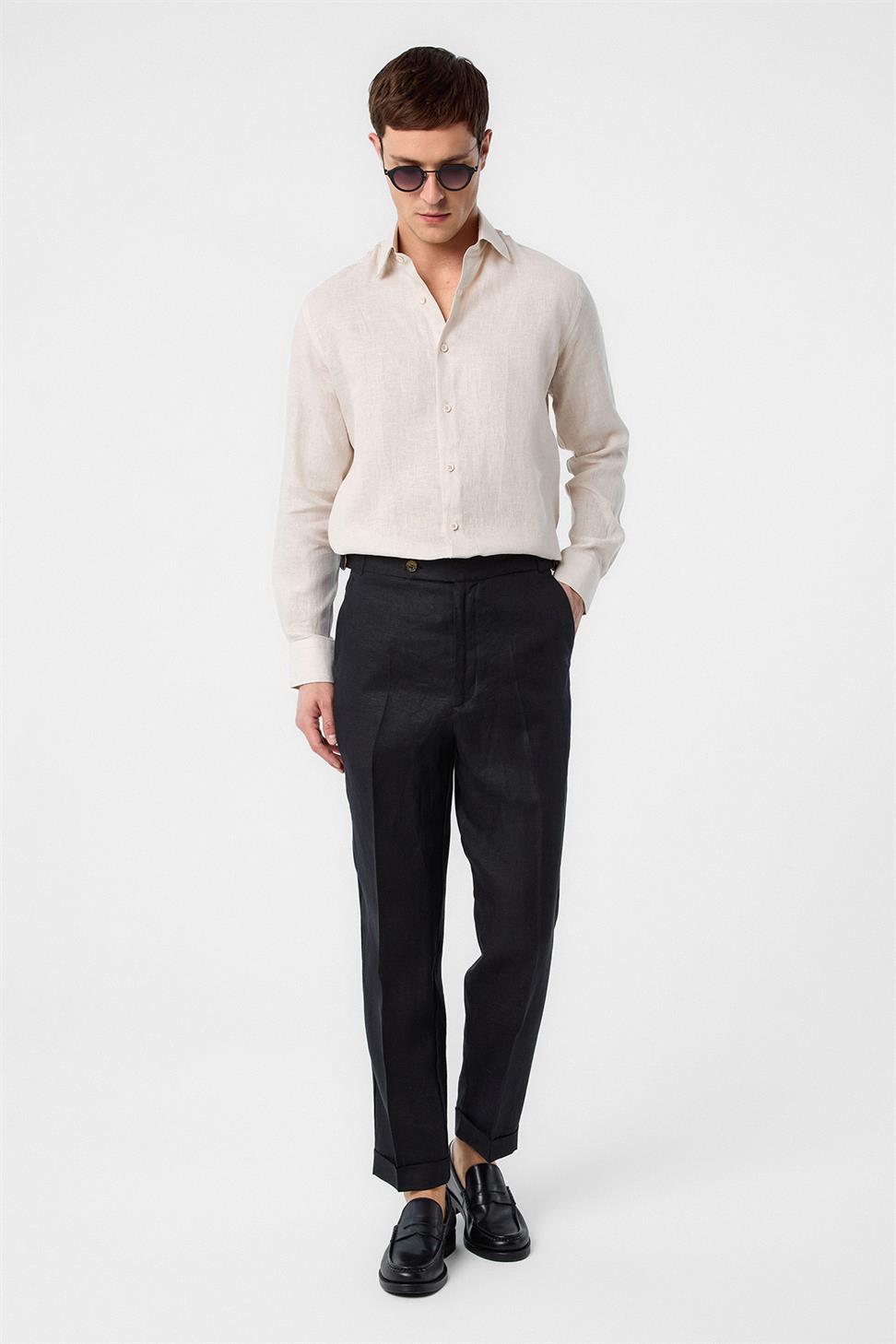 Antioch Siyah 100% Keten İtalyan Kesim Erkek Pantolon