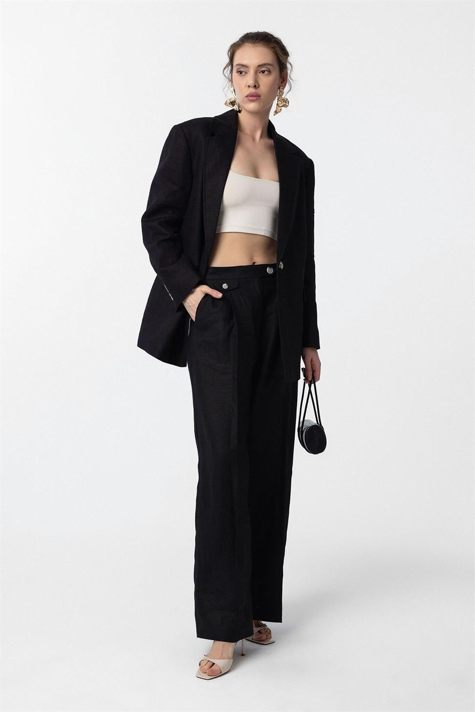 Antioch Siyah 100% Keten Kadın Blazer Ceket