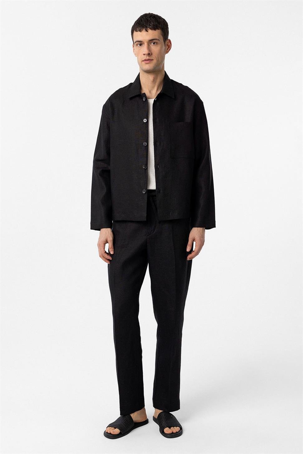Antioch Siyah 100% Keten Relax Fit Erkek İnce Ceket