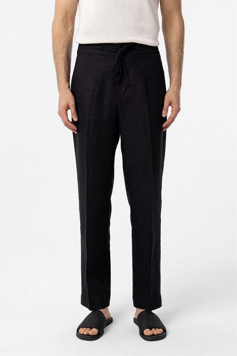 Antioch Siyah 100% Keten Yüksek Bel Erkek Pantolon