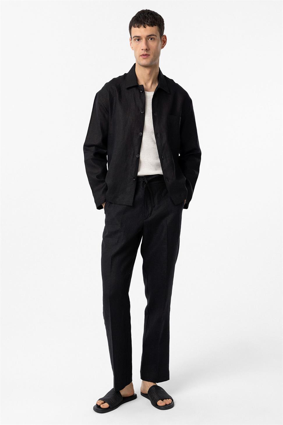 Antioch Siyah 100% Keten Yüksek Bel Erkek Pantolon