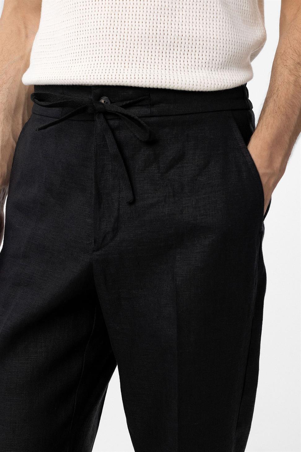 Antioch Siyah 100% Keten Yüksek Bel Erkek Pantolon