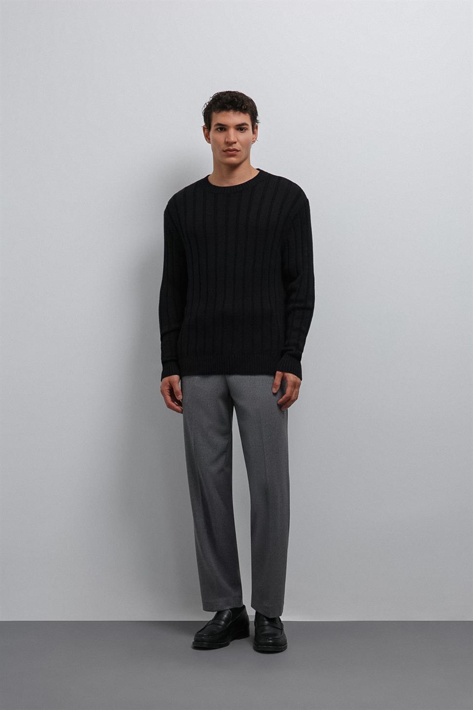 Antioch Siyah 100% Pamuk Fitilli Erkek Kazak