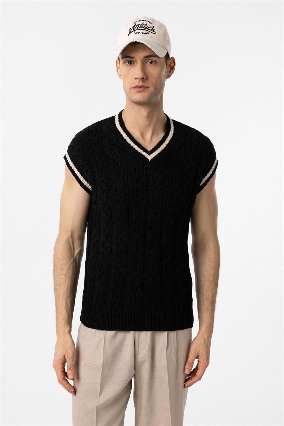 Antioch Siyah 100% Pamuk Örgü Erkek Yelek