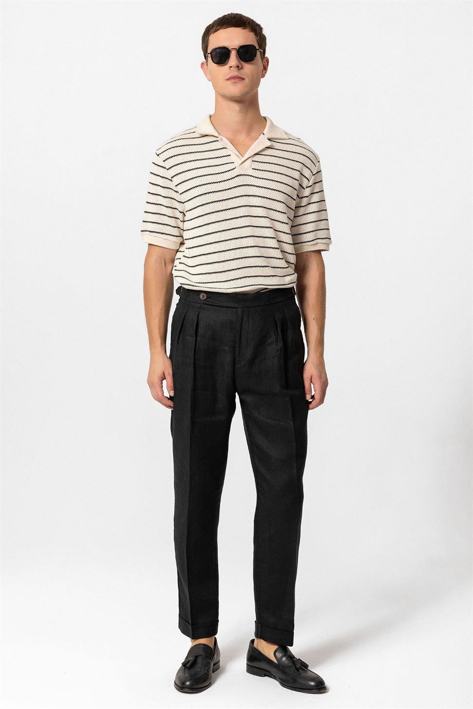 Antioch Siyah Apaş Yaka Çizgili Örme Erkek T-Shirt