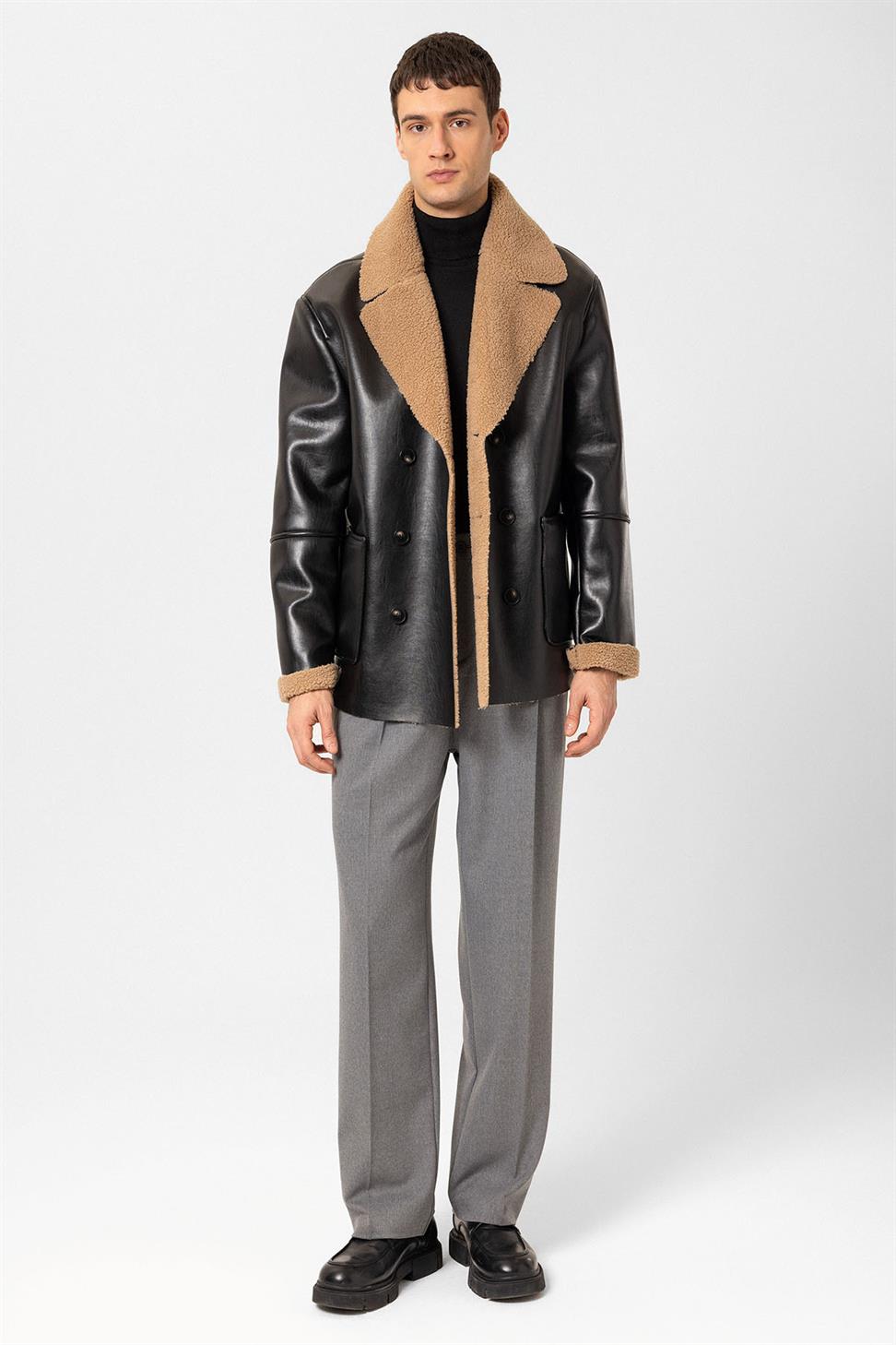 Antioch Siyah Astar Detaylı Suni Deri Kruvaze Erkek Mont