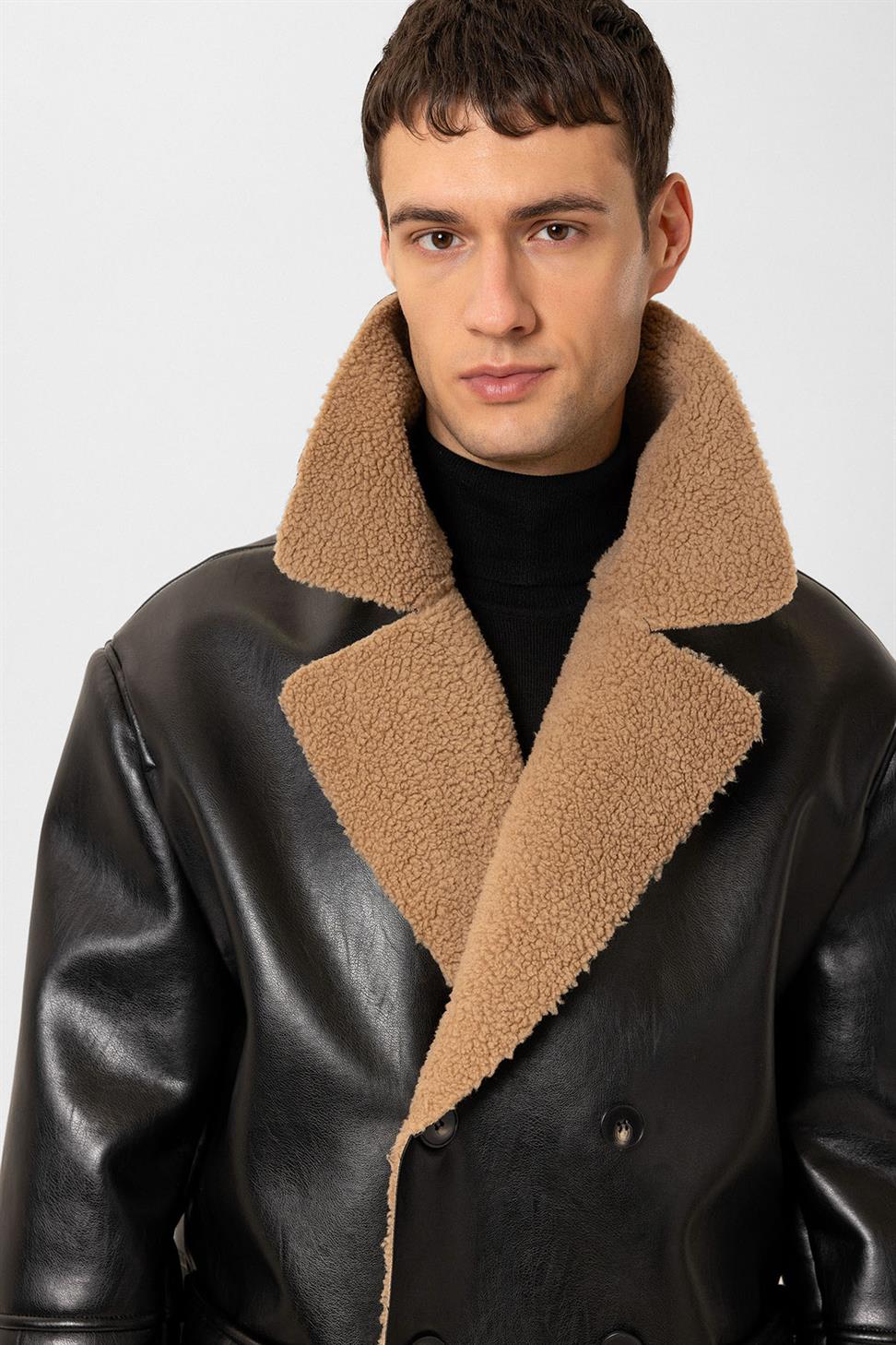 Antioch Siyah Astar Detaylı Suni Deri Kruvaze Erkek Mont