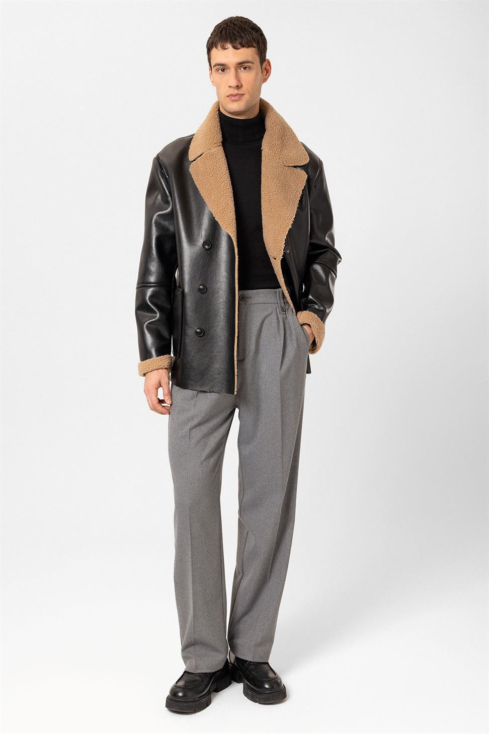 Antioch Siyah Astar Detaylı Suni Deri Kruvaze Erkek Mont