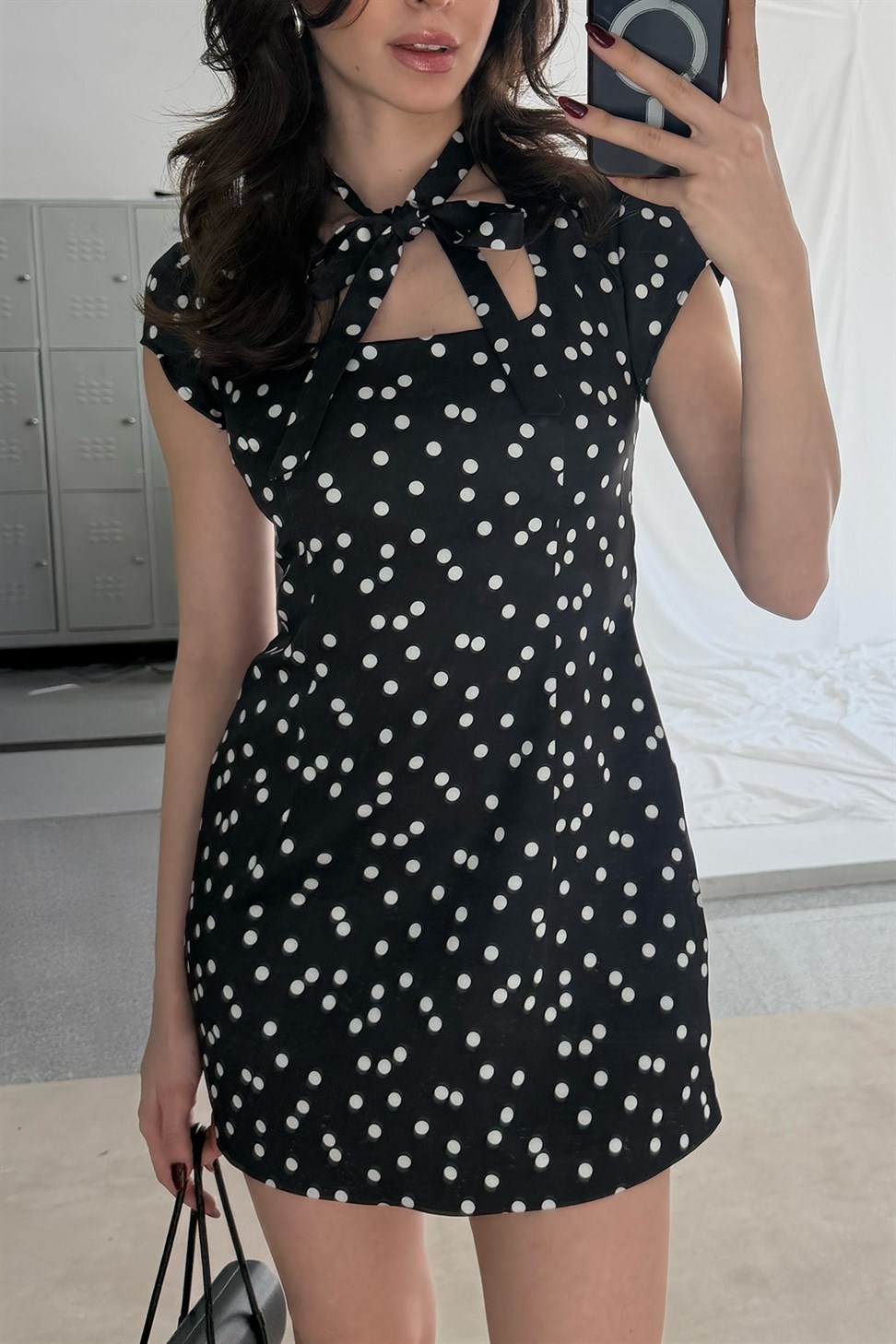 Short Dress with Lace-Up Polka Dot Pattern