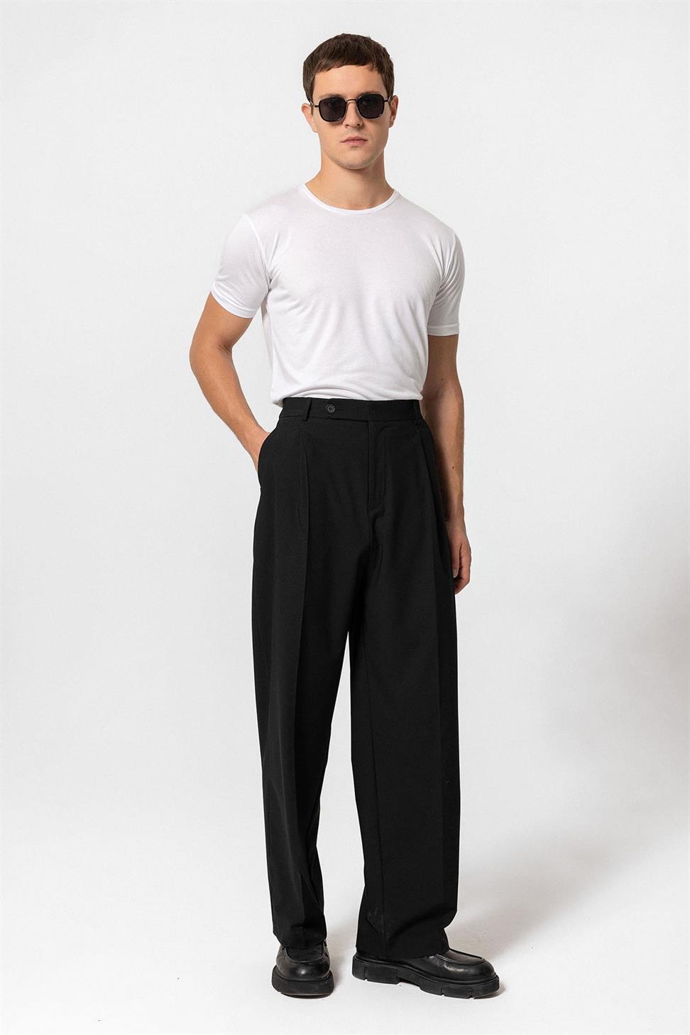 بنطلون قماشي فضفاض عالي الخصر للرجال