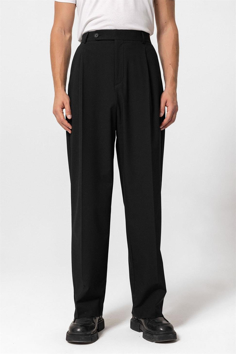 بنطلون قماشي فضفاض عالي الخصر للرجال