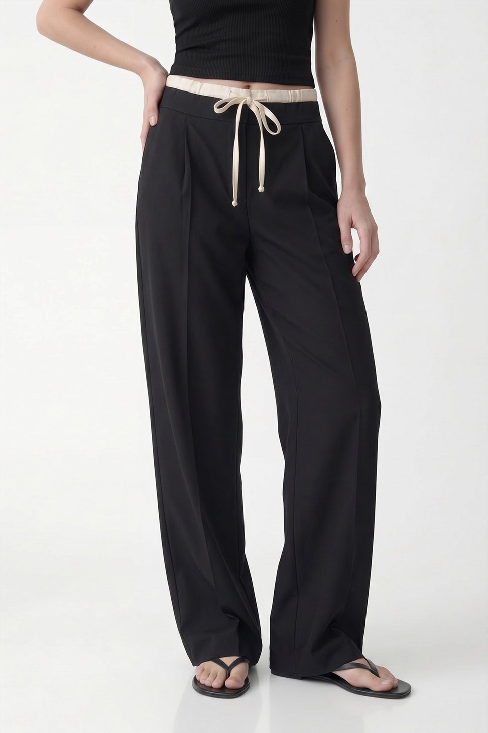 Antioch Siyah Çift Bel Bantlı Kadın Pantolon