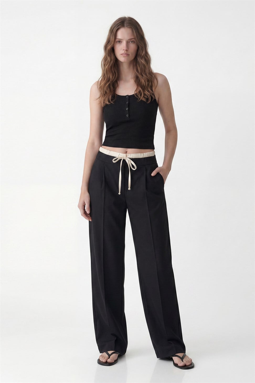 Antioch Siyah Çift Bel Bantlı Kadın Pantolon