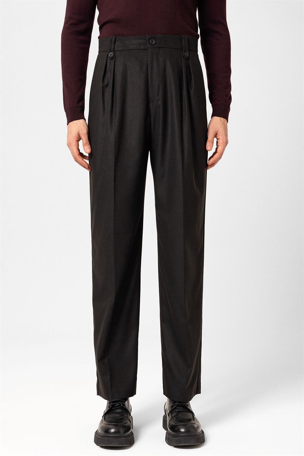 Antioch Siyah Çift Pileli Yüksek Bel Erkek Pantolon