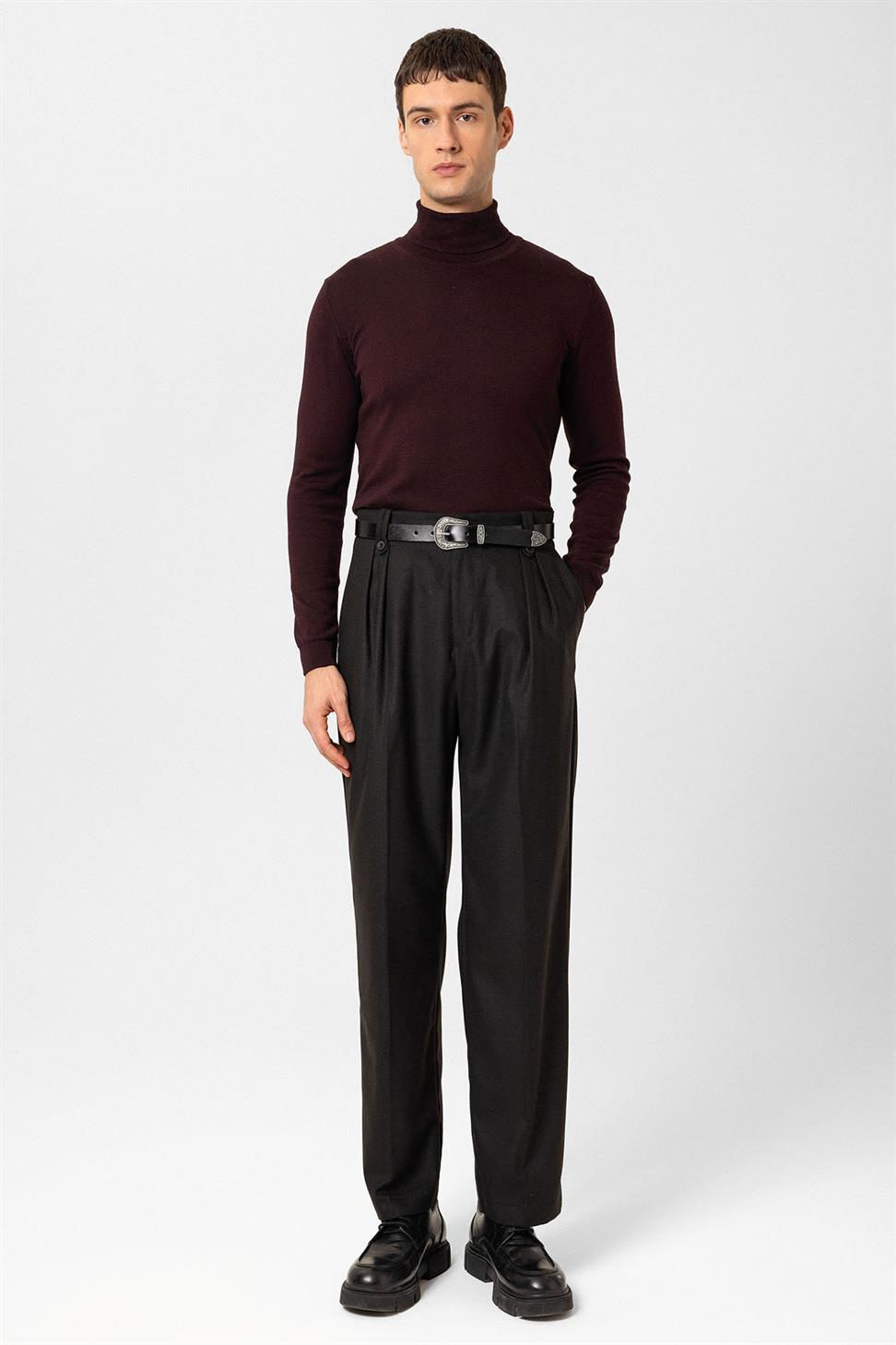 Antioch Siyah Çift Pileli Yüksek Bel Erkek Pantolon