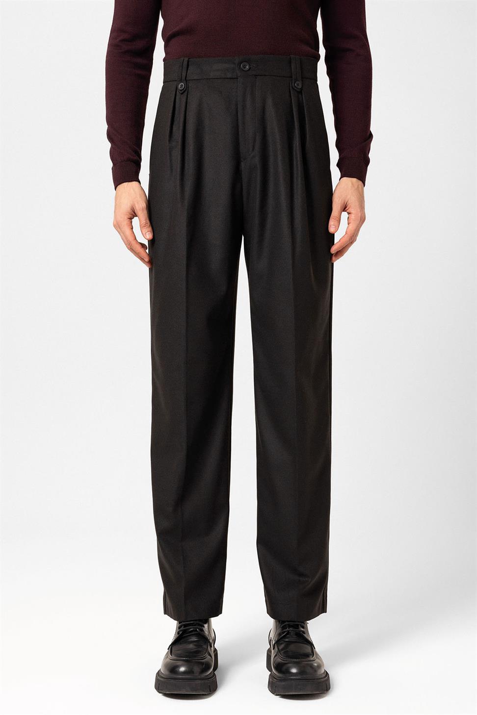 Antioch Siyah Çift Pileli Yüksek Bel Erkek Pantolon