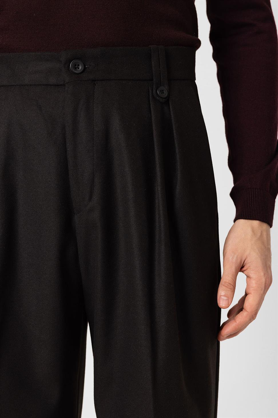 Antioch Siyah Çift Pileli Yüksek Bel Erkek Pantolon