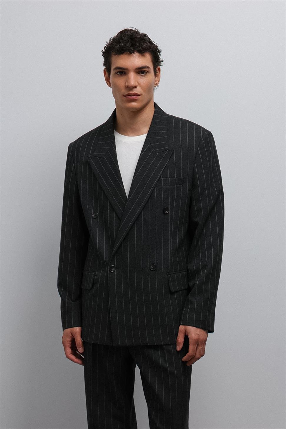 Antioch Siyah Çizgili Kruvaze Erkek Blazer Ceket