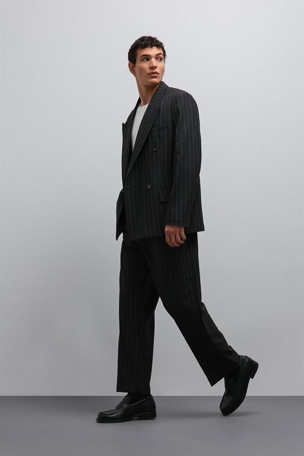 Antioch Siyah Çizgili Kruvaze Erkek Blazer Ceket
