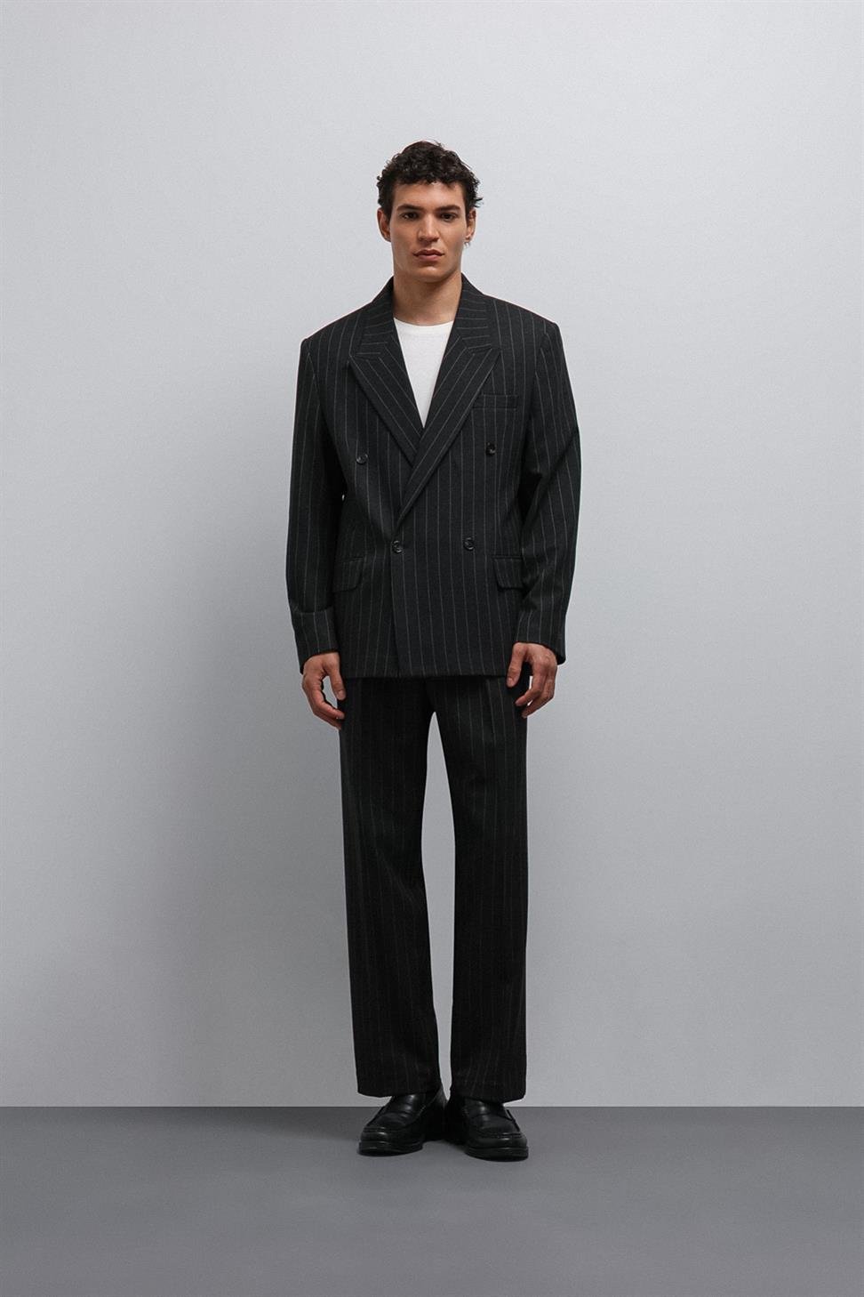 Antioch Siyah Çizgili Kruvaze Erkek Blazer Ceket